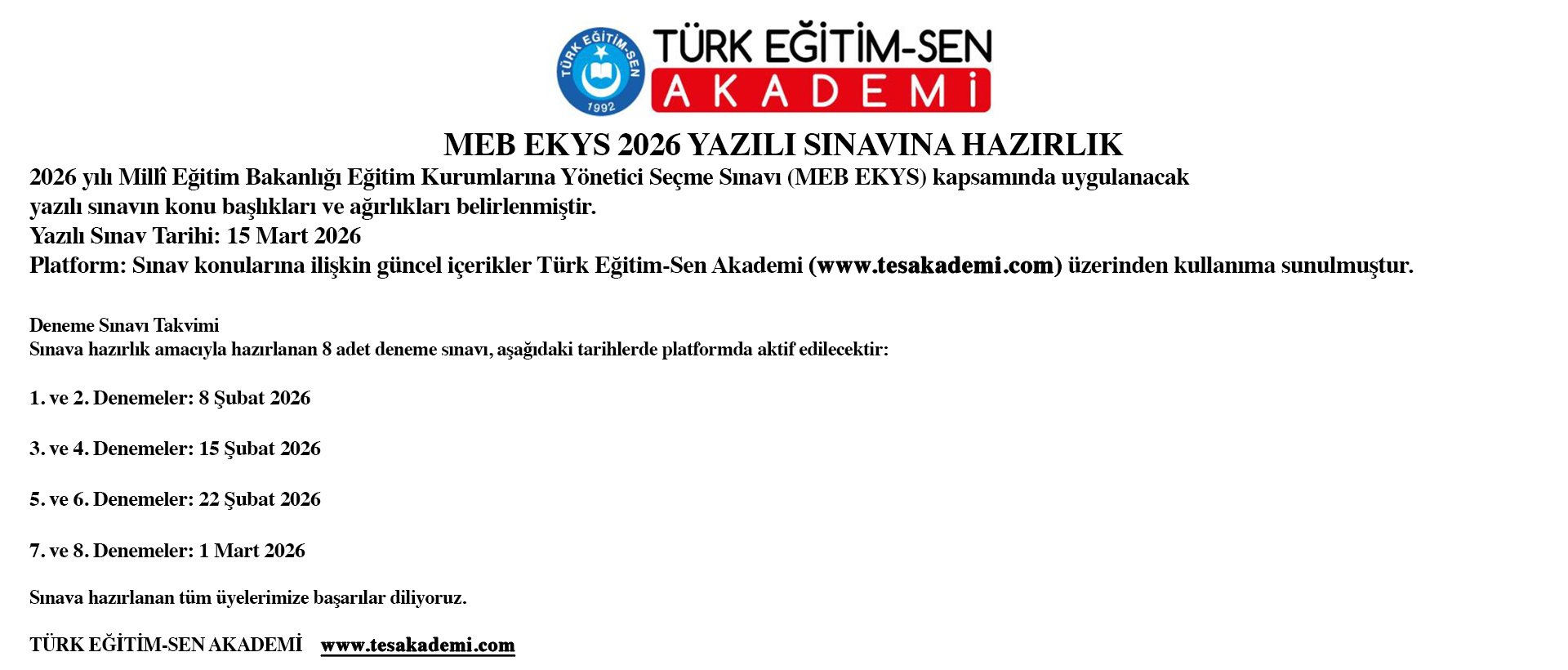 TÜRK EĞİTİM SEN ÜYELERİNE;MEB EKYS 2026 YAZILI SINAVINA HAZIRLIK DUYURUSU